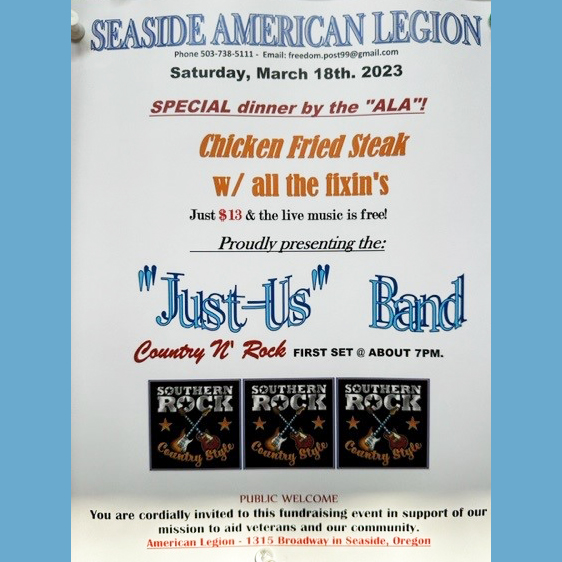 Just Us band live music poster at the Seaside American Legion.